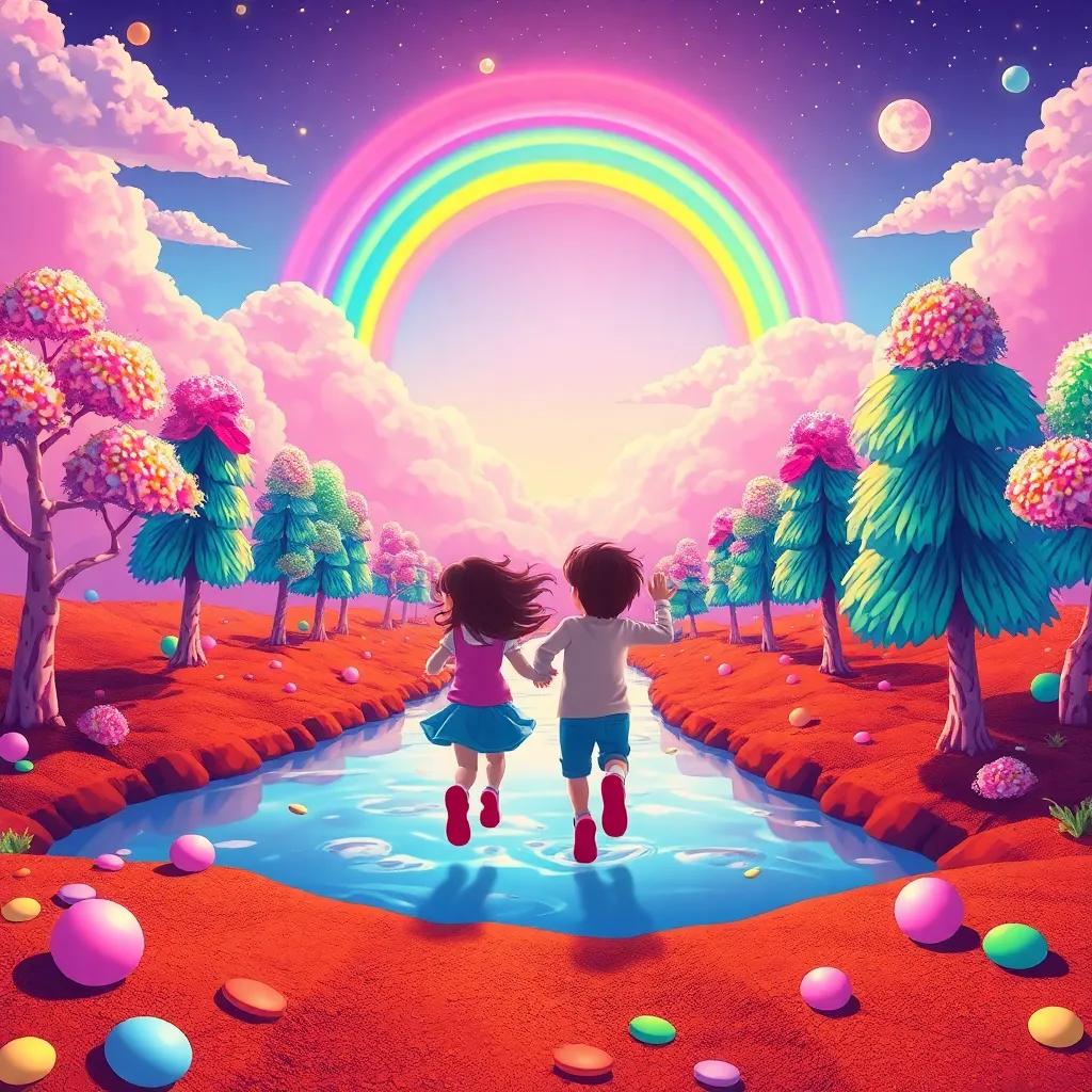 Uma and Leo running towards a colorful rainbow in the sky, with candy trees and chocolate rivers in a whimsical landscape, cheerful artwork, magical, joyful