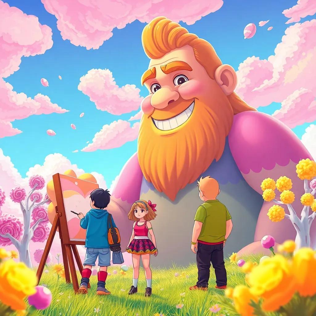 A friendly giant with a warm smile painting a mural of the sky alongside Uma and Leo, surrounded by candy trees and bright colors, charming art, vibrant and engaging, high quality