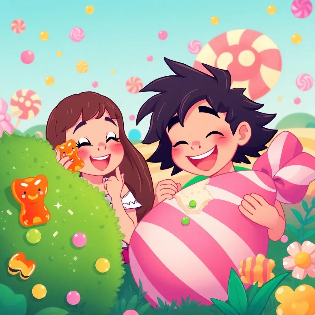 Uma picking a gummy bear from a bush while Leo takes a bite out of a giant candy, both smiling in a vibrant candy land, colorful illustration, happy atmosphere, fun