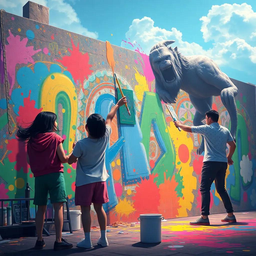 Uma, Leo, and the giant cheerfully painting a mural on a colorful wall, splashing paint everywhere joyfully, detailed scene, fantasy, inviting warmth