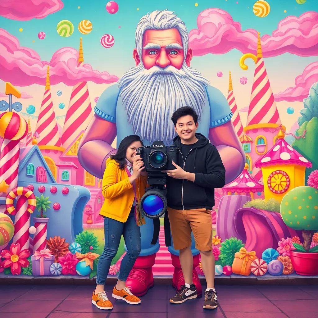 Uma and Leo posing happily in front of their finished candy land mural, the giant holding a giant camera, colorful and magical atmosphere, joyful illustration