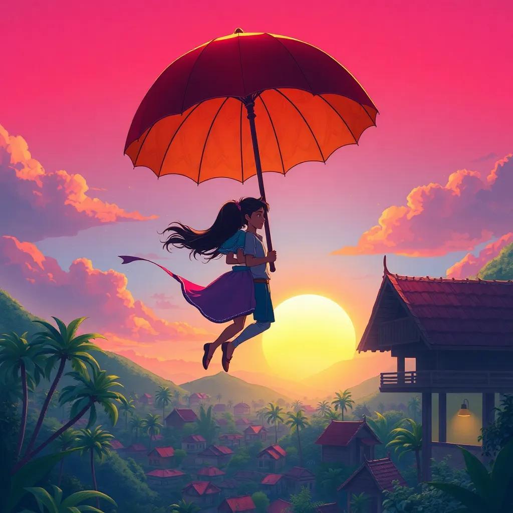 Uma and Leo floating back to their village under the magical umbrella, with a sunset in the background and the village below, heartwarming scene, vibrant colors, fantasy