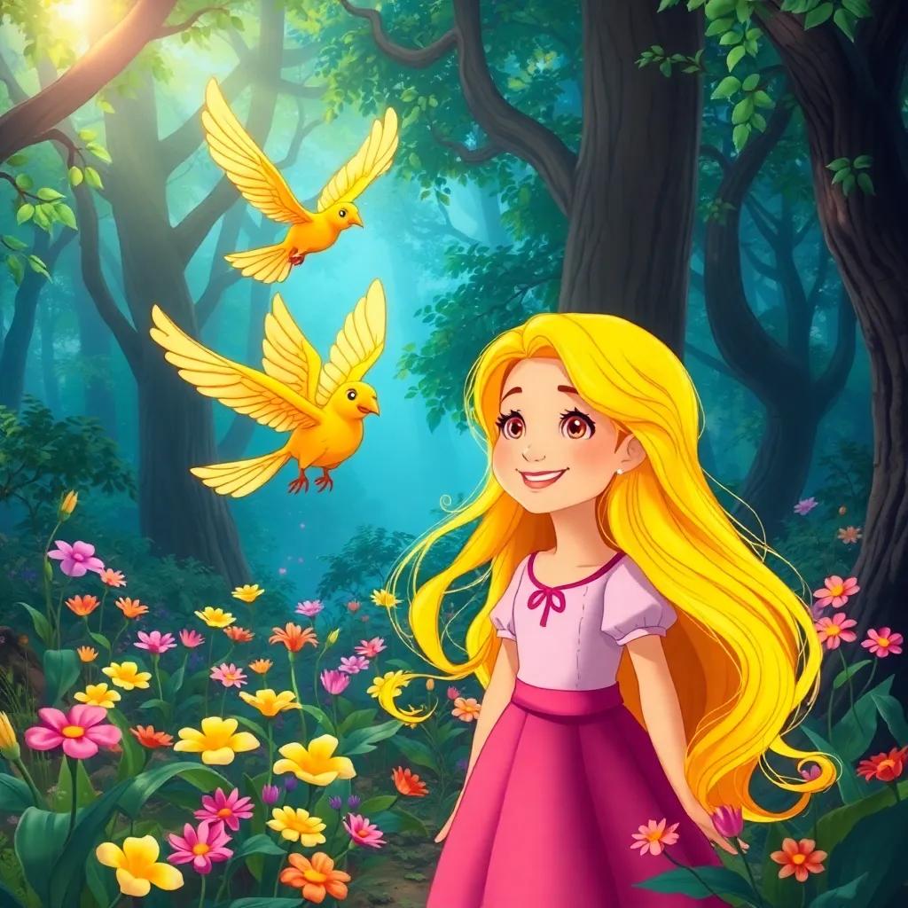 A magical place in the forest with dancing flowers in lively colors, Valentina, the brave girl with long golden hair, smiling happily, and a restored bird flying joyfully around her, fairy tale illustration, bright, cheerful ambiance, enchanting setting, high quality