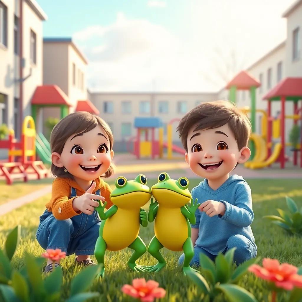 Two children, Valentina and Emmanuel, smiling and pointing at two playful frogs in a schoolyard full of colorful playground equipment, afternoon light, vibrant colors, cheerful atmosphere, illustration, child-friendly, high quality