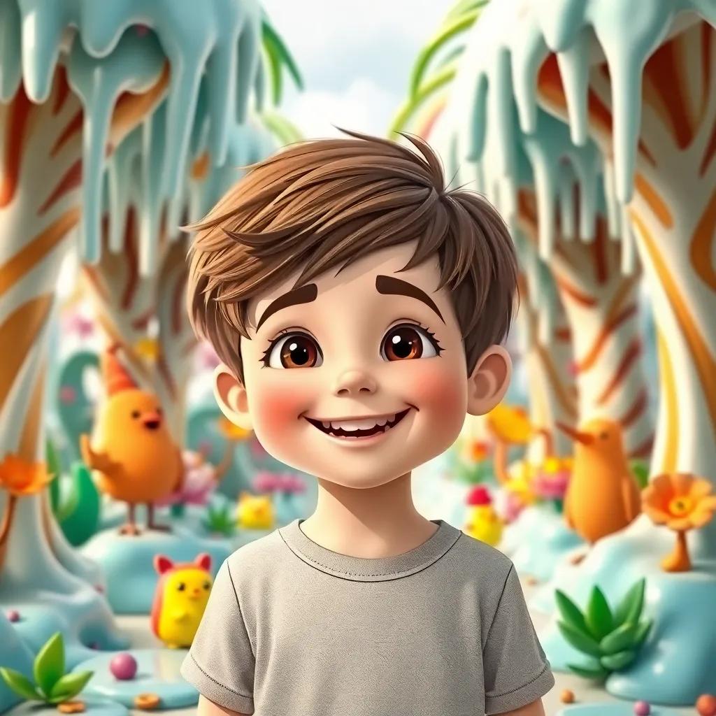 Valentino, a 7-year-old boy with short brown hair and a joyful expression, standing in a melting ice cream jungle with dripping ice cream trees and colorful plants, surrounded by cheerful animated creatures, bright and vivid, adventure theme, child-friendly illustration, high detail