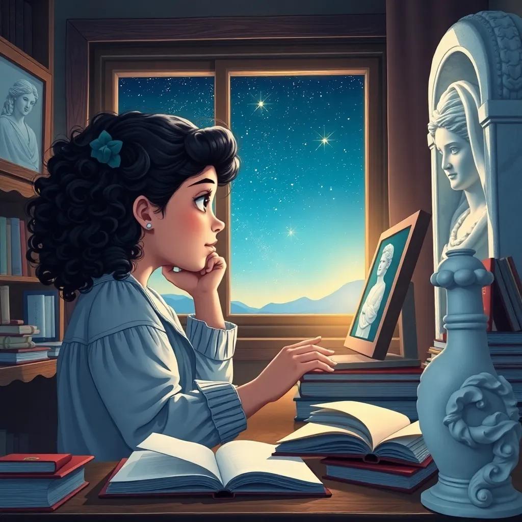 Valeria, a young girl with curly black hair, sitting at a desk filled with books, thoughtfully gazing at a starry sky through the window, her mother appearing on the screen with a bright smile, detailed illustration, magical realism, comforting light, high quality