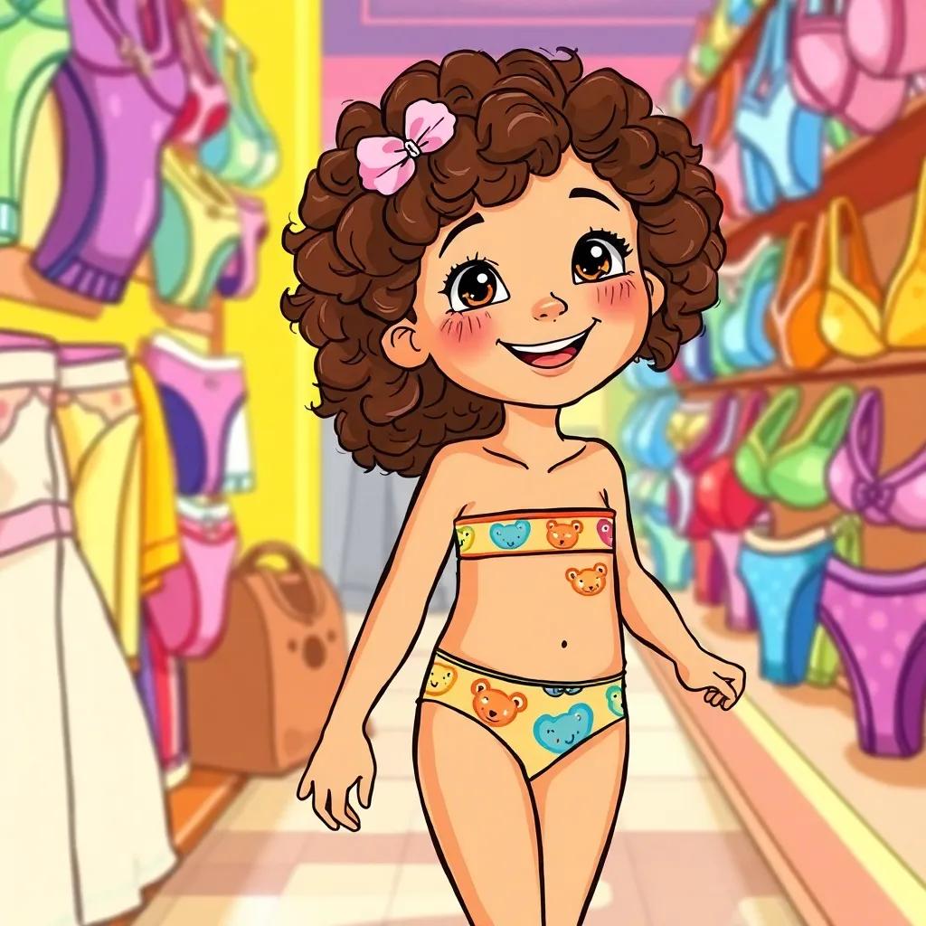 A young girl, Valeria, with curly brown hair, wearing colorful underwear with animal prints, happily holding her mom’s hand in a colorful store full of fun underwear, bright and cheerful setting, illustration, engaging, inviting view, high quality