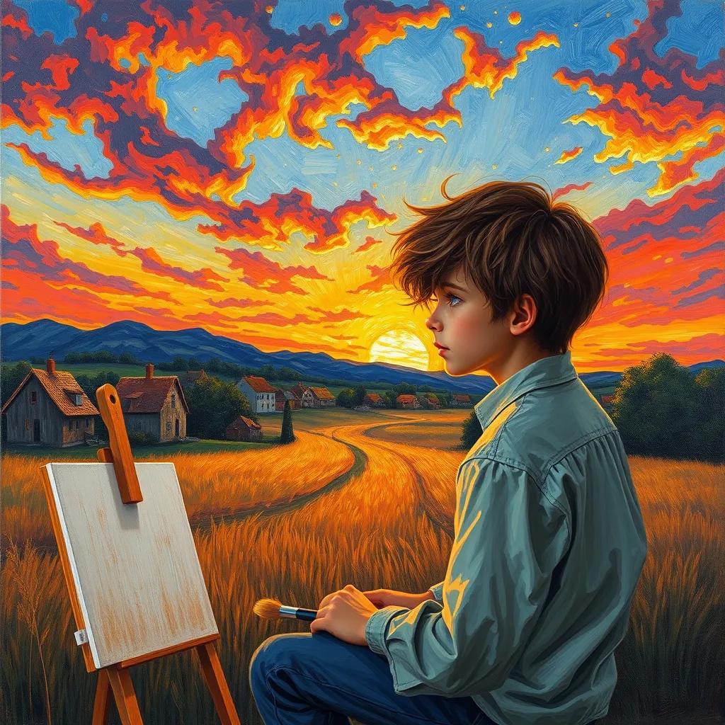 A picturesque village at sunset, with Vincent, a young boy with messy brown hair, sitting by a field with a paintbrush and canvas. The sky is painted with vibrant reds, oranges, and yellows, depicting the beautiful sunset he admires.