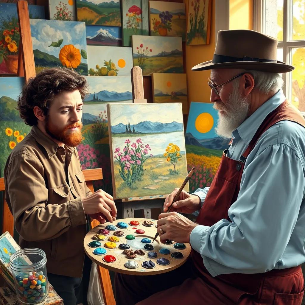 Vincent passionately mixing colors on his palette as the old man guides him. The background is filled with various canvases showing his progress in painting flowers and landscapes. The light from the window shines on their work.