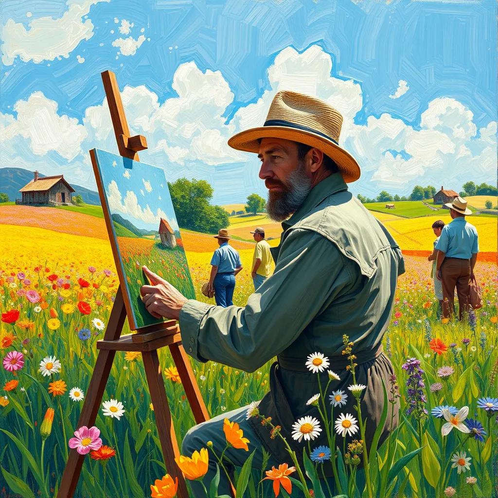 Vincent at work in a sunlit field, painting a beautiful landscape with flowers and vibrant colors. He looks focused and inspired as he captures the beauty around him. Other villagers can be seen enjoying his art.