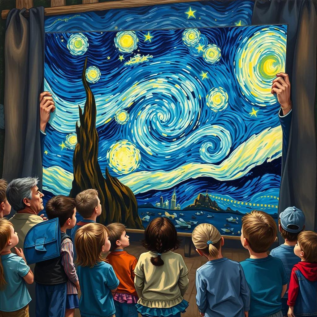 Vincent unveiling his masterpiece, a swirling starry night on a large canvas. A crowd of villagers, including children and adults, admire his work, with bright stars shining in the night sky and Vincent smiling proudly.