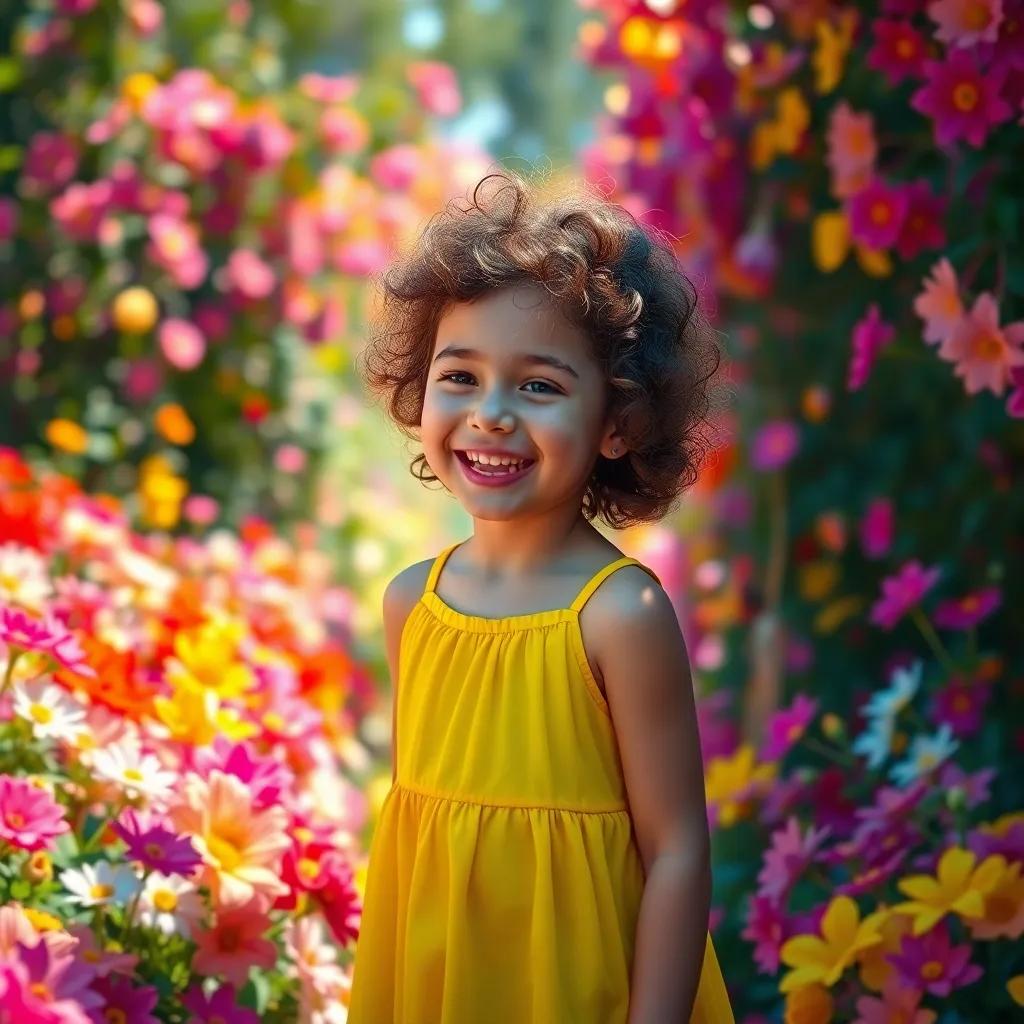A young girl named Veronica, with curly brown hair, wearing a bright yellow dress, laughing in a colorful flower garden bursting with blossoms of every color, digital art, vibrant and cheerful, bright sunlight, beautiful colors, lively perspective, high quality