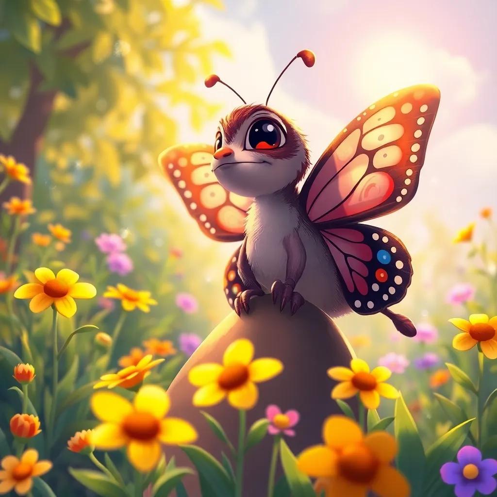 A wise old butterfly named Mr. Whiskers, with sparkling wings, sitting on Veronica's shoulder, surrounded by dancing flowers, capturing the magic of a sunny day in the garden, illustration, enchanting atmosphere, warm colors, uplifting view, child-friendly