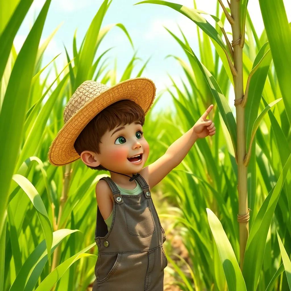 A young boy, Victor Vera Cruz, with short brown hair, wearing a straw hat and overalls, in a lush green sugarcane field, excitedly pointing at a tall sugarcane plant, idyllic rural setting, bright sunlight, vibrant colors, warm atmosphere, high quality