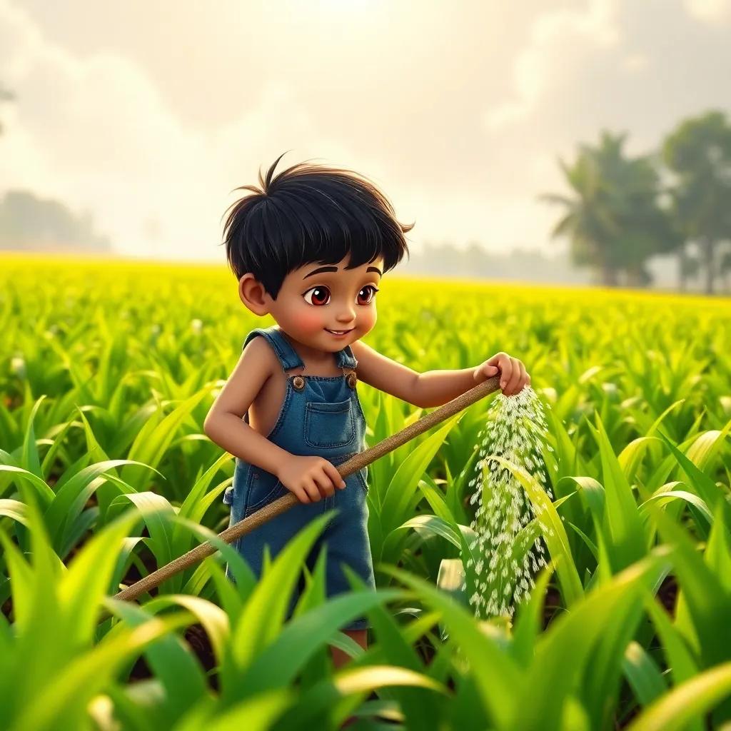 Victor Vera Cruz, a young boy in overalls, diligently watering sugarcane plants under the sun, surrounded by green fields, nurturing nature, a sense of determination, bright and cheerful, high quality