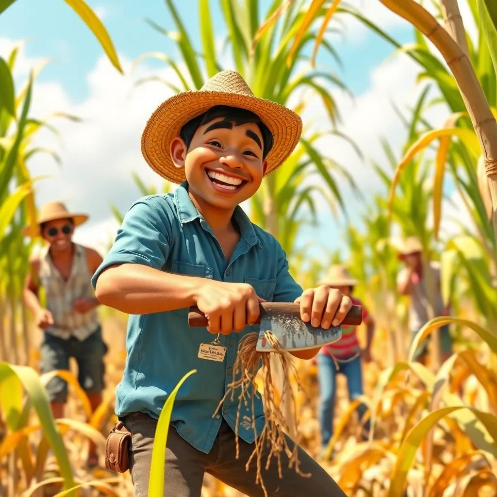 Victor Vera Cruz, with a big smile, cutting sugarcane with a machete, helped by friends in a sunny field, everyone laughing, showcasing teamwork and excitement, lively atmosphere, high quality