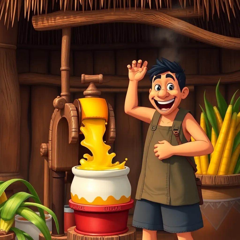 The moment of sugarcane processing, Victor Vera Cruz, standing proudly next to a traditional sugarcane mill, showing fresh cane juice, excited expressions, bright and inviting colors, warmth and joy, high quality