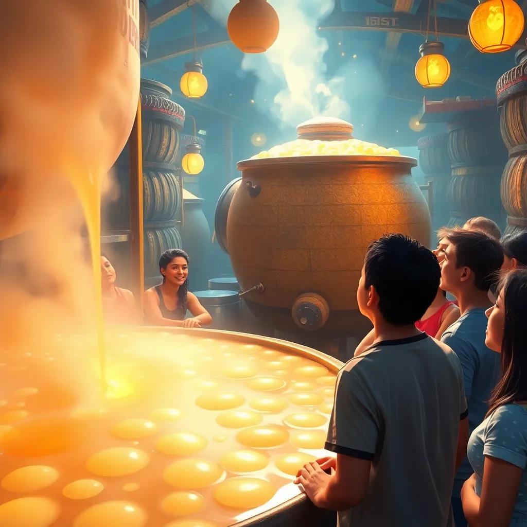 A magical scene of fermentation, with Victor Vera Cruz looking at a large tank filled with bubbling sugarcane juice, surrounded by friends in awe, vibrant colors, an atmosphere of anticipation and wonder, high quality