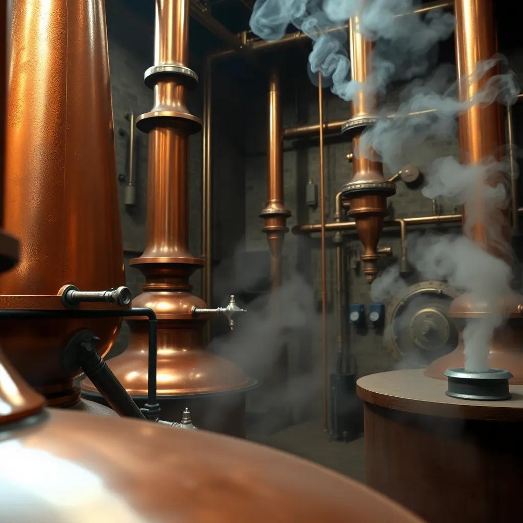 Victor Vera Cruz, intensely focused, watching the distillation process in a copper distillery, with steam rising and delicious aromas in the air, a sense of achievement, rich details capturing the process, high quality