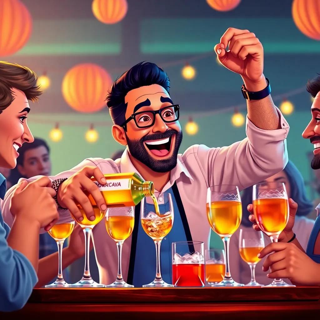 Victor Vera Cruz, with a big triumph smile, pouring cachaça into glasses for tasting, surrounded by friends looking thrilled, a festive celebration setting, vibrant colors, high quality