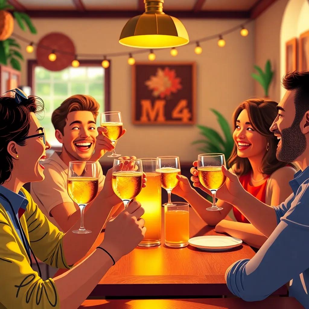 The friends joyfully tasting Victor’s cachaça, holding up their glasses in excitement, smiles and compliments shared, in a cozy and lively atmosphere, bright colors, celebration of success, high quality