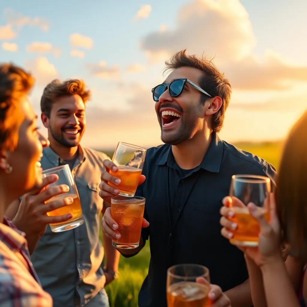 Victor Vera Cruz, laughing and enjoying the happy reaction from friends as they sip his cachaça, lively celebration with a backdrop of the beautiful field, high quality, warm atmosphere