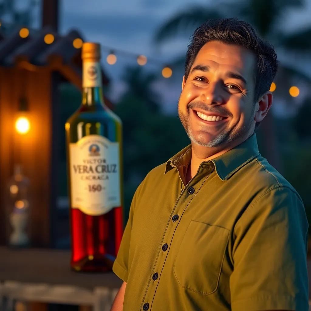 Victor Vera Cruz, with a proud smile, standing in front of his own label of cachaça, a sense of fulfillment and joy, evening light setting a peaceful ambiance, high quality