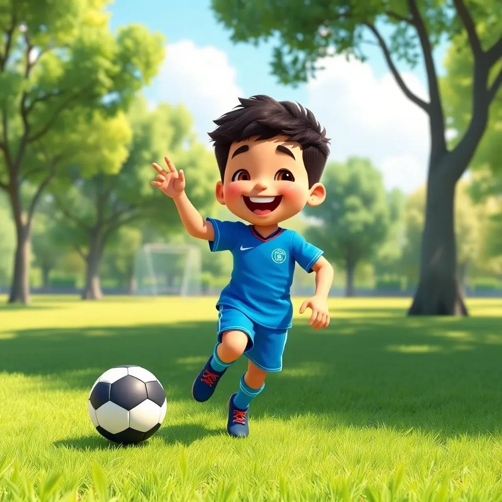 A joyful young boy, Vinicius, with short curly hair, wearing a blue soccer jersey and shorts, playing soccer in a sunny park with green grass and trees, digital art, bright colors, lively atmosphere, high quality