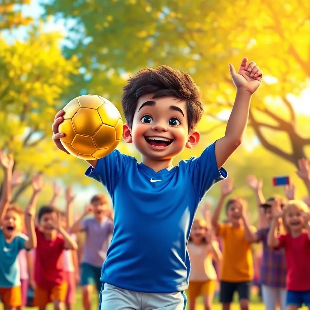 A happy young boy, Vinicius, with short curly hair, wearing a blue soccer jersey, jumping for joy with a shining golden Ballon d'Or, surrounded by cheering friends in a vibrant park, digital art, festive colors, uplifting moment, high quality