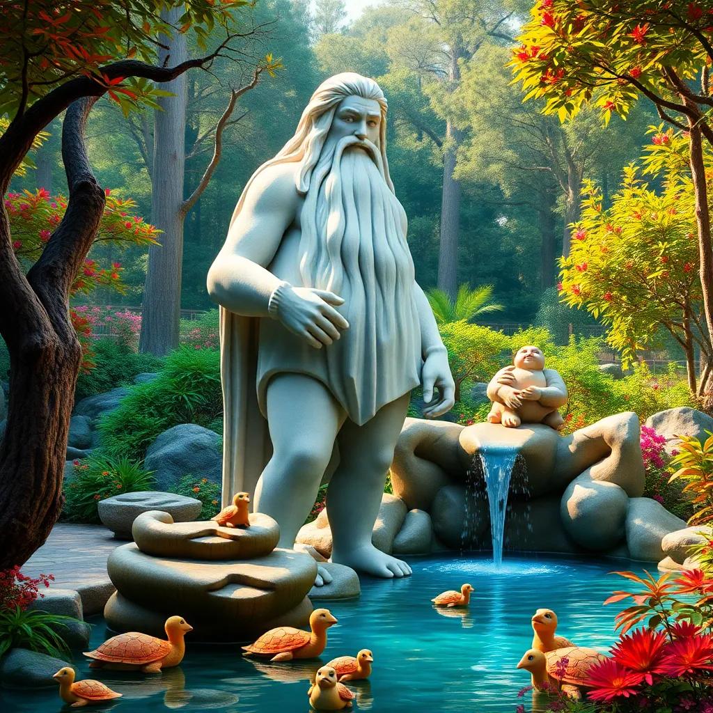 A friendly giant Vino, a tall figure with long hair and a beard, standing beside a beautiful crystal clear fountain in a lush forest, surrounded by little animals like turtles and birds, children-friendly art, colorful, vibrant atmosphere, inviting scene