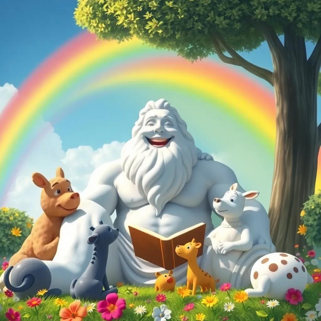 Vino, the gentle giant, with a big smile sitting with the animals, sharing stories under a rainbow, joyful expression, colorful setting with flowers and bright sky, illustration, cheerful mood, child-friendly
