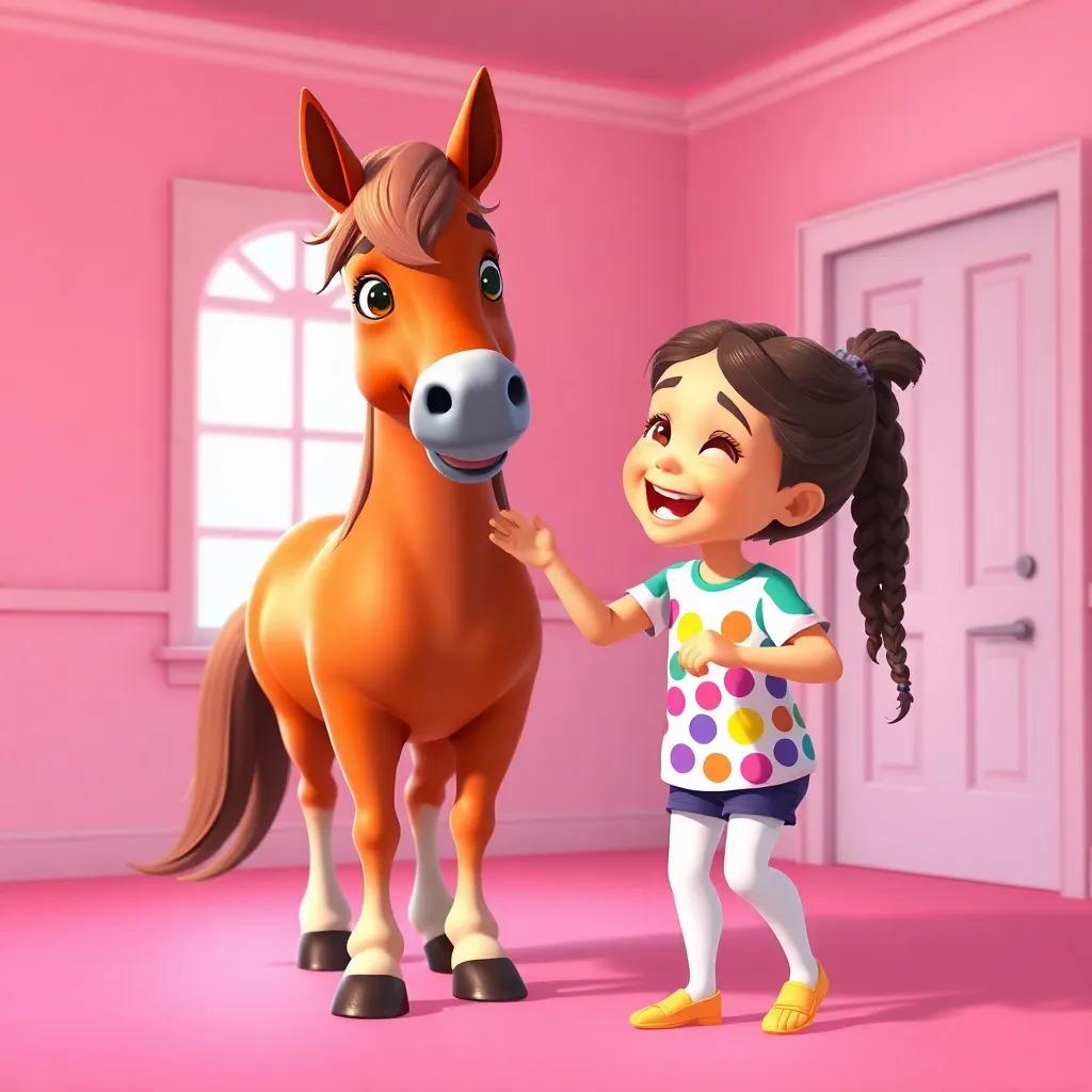 Viola a horse with a shiny coat, and Rebecca, a young girl with braided hair in a colorful t-shirt, dancing happily in the pink room, laughter in the air, digital illustration, joyful, warm colors, child-friendly, high quality