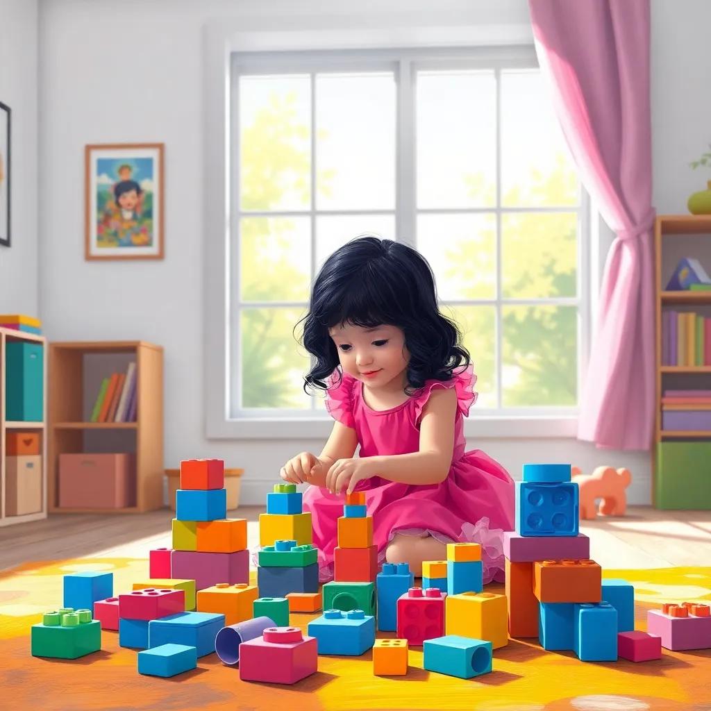 A young girl, Viyana, with wavy black hair wearing a bright pink dress, playing with colorful building blocks in a sunny playroom with a big window, vibrant colors, cheerful atmosphere, digital art, high quality