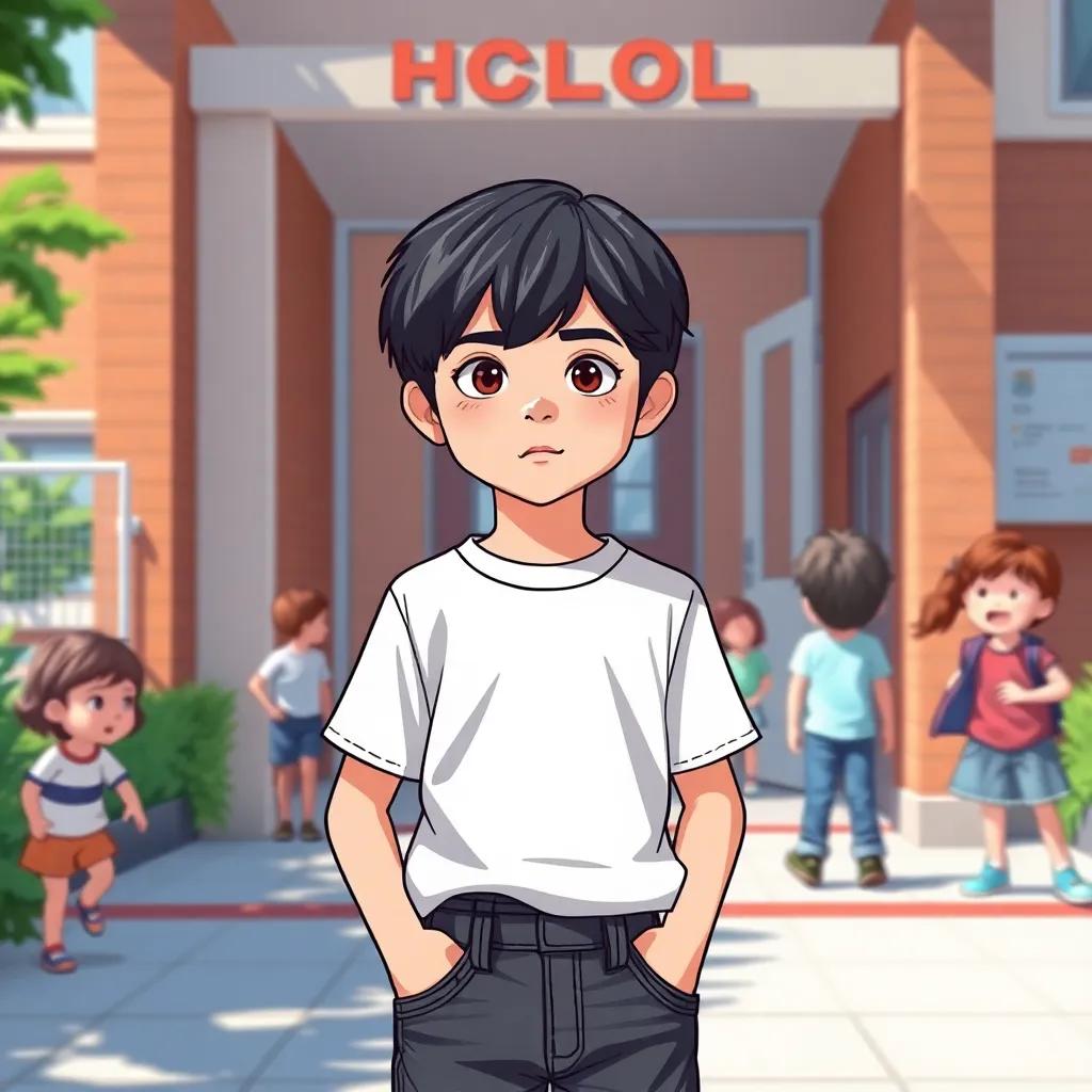 A young boy, Vladimir, with medium-length dark hair, wearing a casual t-shirt and jeans, standing nervously at the entrance of a school with kids playing and laughing around, bright day, cheerful atmosphere, vibrant colors, child-friendly, digital art