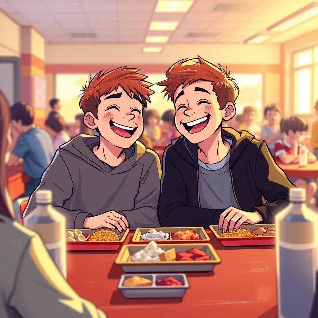 Two boys, Vladimir and Mark, laughing together at a lunch table with food and other kids around, school cafeteria setting, joyful expressions, colorful food trays, warm light, inviting atmosphere, illustration
