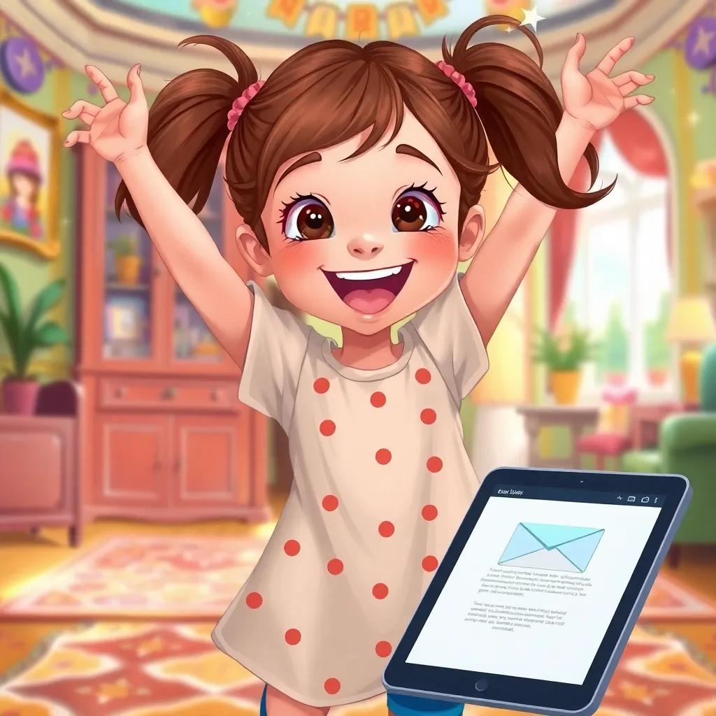 A happy girl, Lily, with brown hair in pigtails, jumping with joy in front of an email on her tablet, with sparkling eyes and a colorful room behind her, digital illustration, joyful vibes, bright and inviting, child-friendly