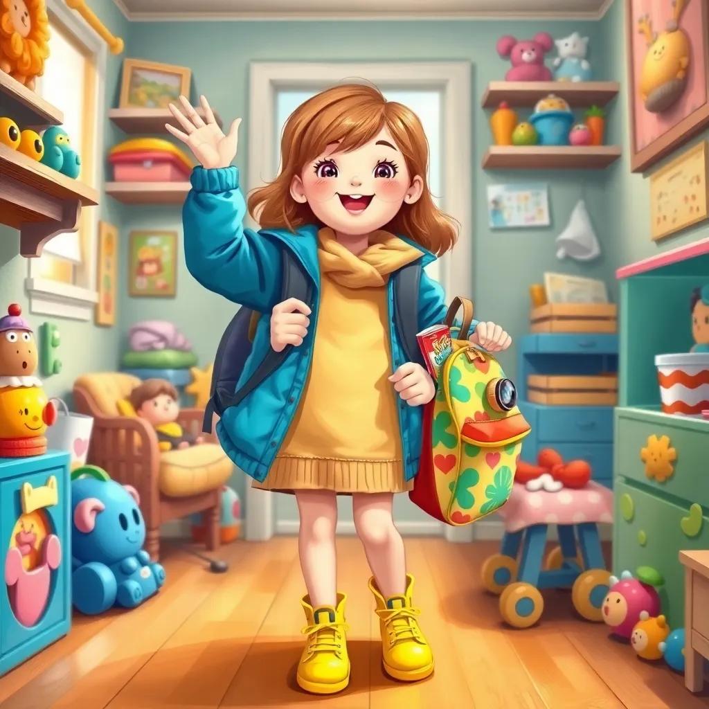 A enthusiastic girl, Lily, wearing a cozy blue jacket and yellow shoes, packing her camera and snacks into a colorful backpack, in her cheerful room filled with toys, illustration, warm colors, fun and playful, high quality