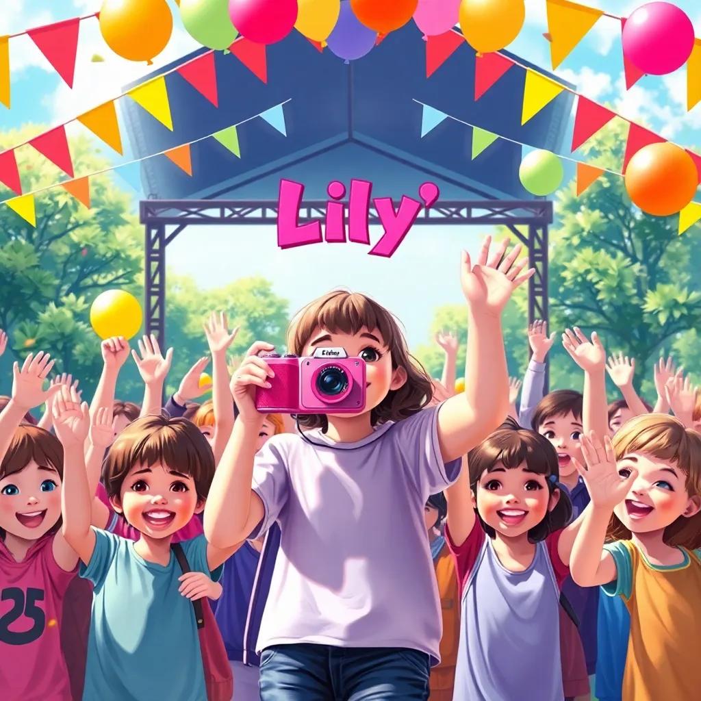 A cheerful crowd of kids waving and shouting "Lily!" as she smiles with a pink camera, at a sunny park stage, colorful flags and balloons around, lively digital art, vibrant and engaging, joyful atmosphere, high quality