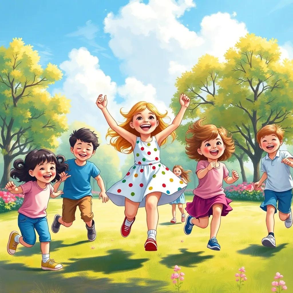 A happy girl, Lily, playing games with kids at her live tour, all laughing and running around in playful poses on a sunny day, bright park with trees and flowers, colorful illustration, dynamic feel, child-friendly