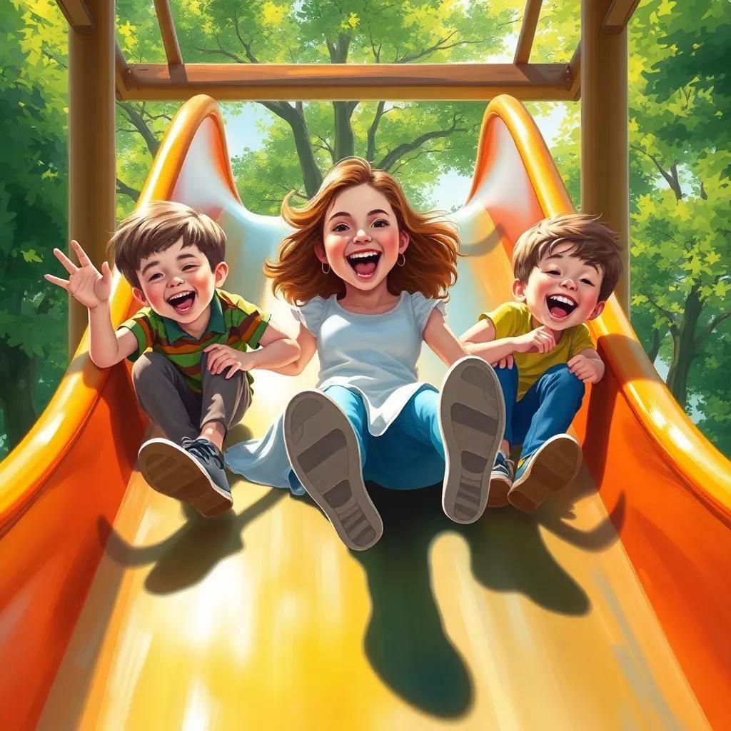 A playful scene of Lily and kids sliding down a giant slide in the park, their faces filled with laughter, bright sunlight and greenery surrounding them, fun digital art, energetic, inviting, high quality