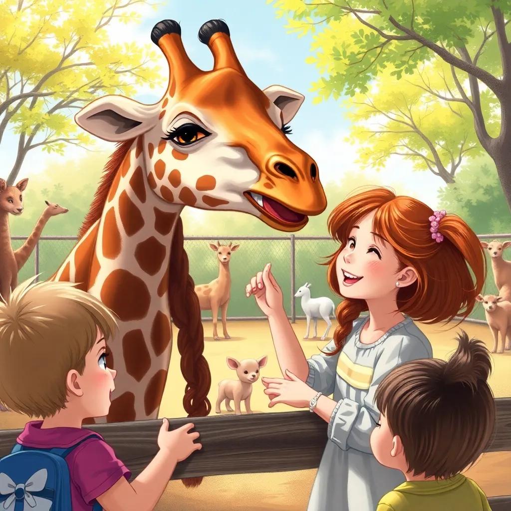 A cheerful girl, Lily, feeding a giraffe at the zoo, with kids around her, all smiling and giggling, sunny day with animals and trees in the background, heartwarming digital illustration, bright colors, joyful atmosphere, high quality