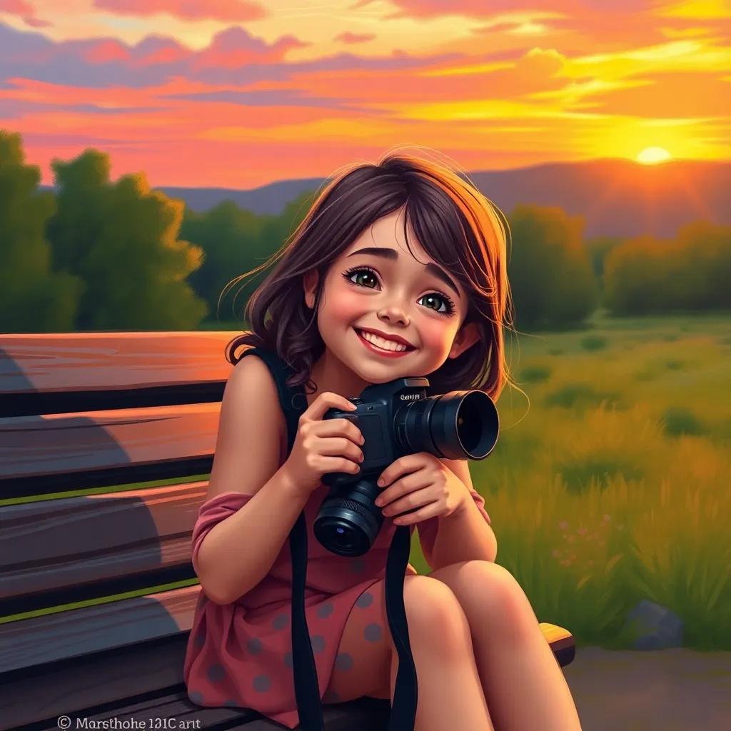 A tired but happy girl, Lily, sitting on a bench after the tour, smiling with her camera and looking at all the happy moments captured, colorful sunset in the background, digital art, warm and reflective, child-friendly