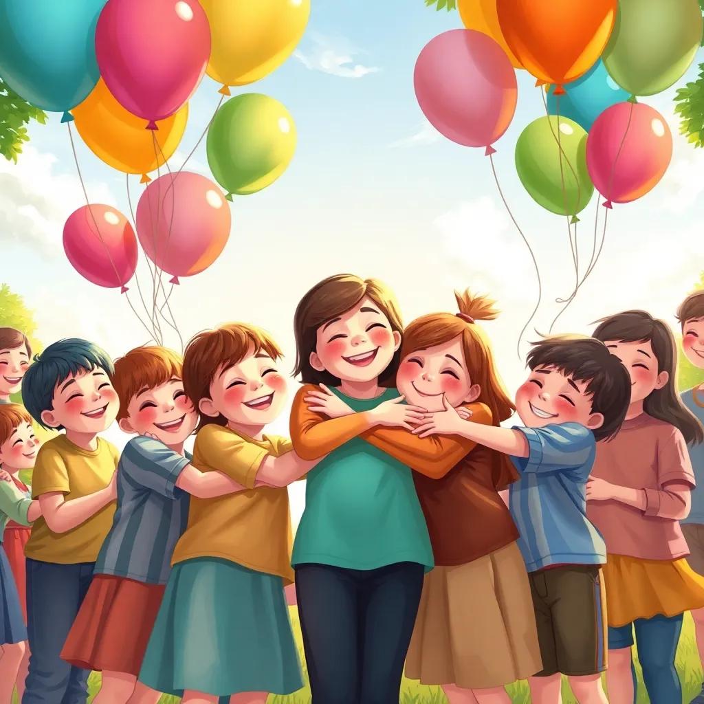 A joyful group of children and Lily sharing hugs after the tour, colorful balloons in the air, warm afternoon light, gentle smiles and happy faces all around, digital illustration, inviting, emotional, vibrant