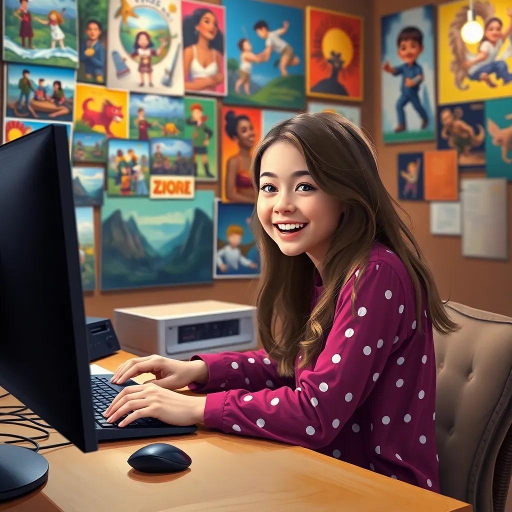 A smiling girl, Lily, sitting at her computer editing video clips, colorful posters on the wall behind her, excited for her next adventure, digital art, cozy and optimistic, vibrant atmosphere, high quality