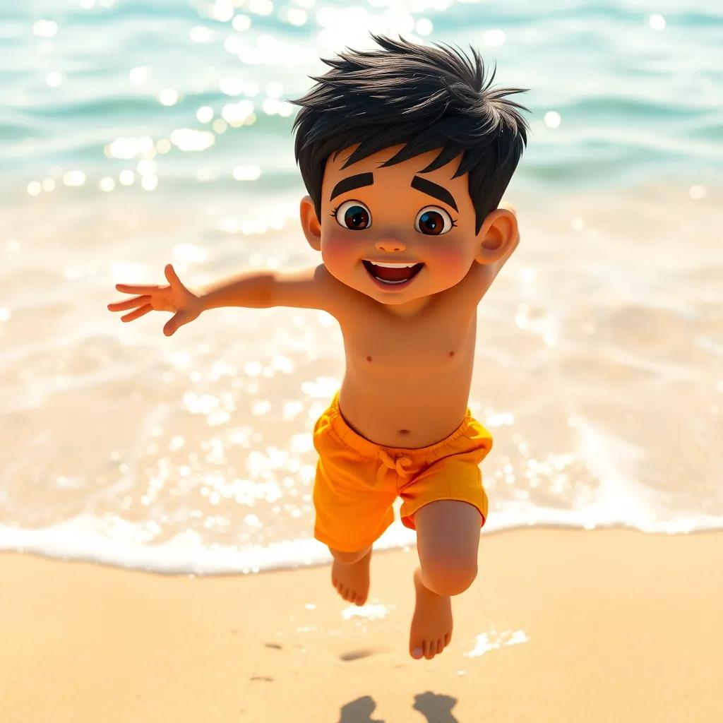 A young Arab boy, Waleed, with short black hair, wearing bright swim trunks, jumping excitedly on the sandy beach, sunlight glistening on the water, playful atmosphere, vibrant colors, high quality