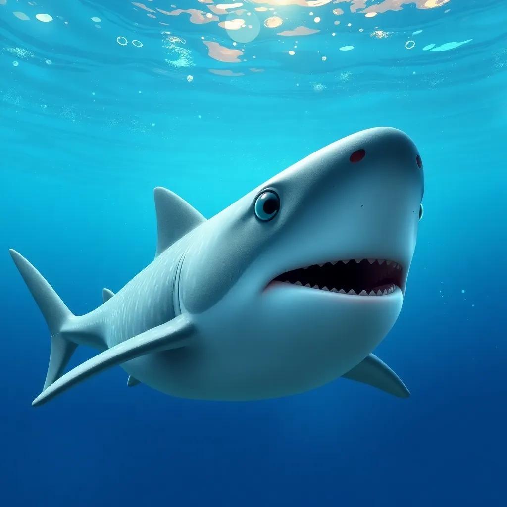 A whale shark swimming close to Waleed, with a huge mouth open, its spotted grey skin shining under the sun, surrounded by sparkly blue water, digital art, cheerful and lively, child-friendly, high quality