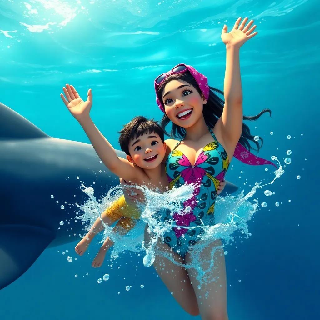 Waleed and his mom, a young Arab woman wearing a colorful swimsuit, splashing happily in the ocean, with the whale shark swimming nearby, warm sunshine, bright colors, joyful scene, high quality