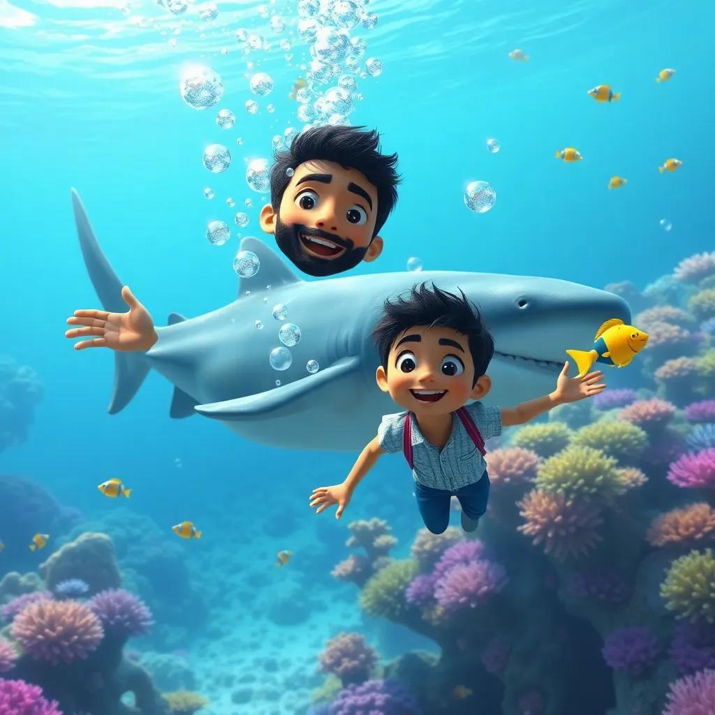 Waleed underwater, with bubbles around him, swimming beside the gentle whale shark, colorful little fish darting around, beautiful coral reef in the background, magical underwater scene, vivid colors, high quality