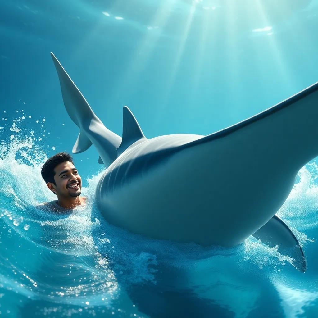 Waleed watching the whale shark's swishing tail as it dances through the water, Waleed smiling and amazed, bright sunlight filtering through the waves, close-up scene, high detail, joyful atmosphere