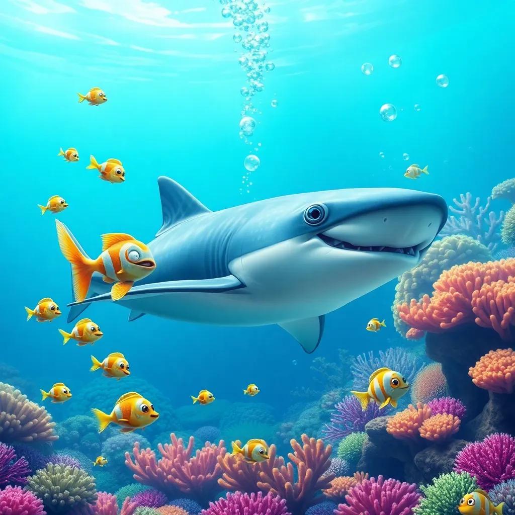 Little fish swimming around Waleed and the whale shark, vibrant coral reef in the background, bubbles rising up, cheerful underwater scene, colorful, bright colors, high quality